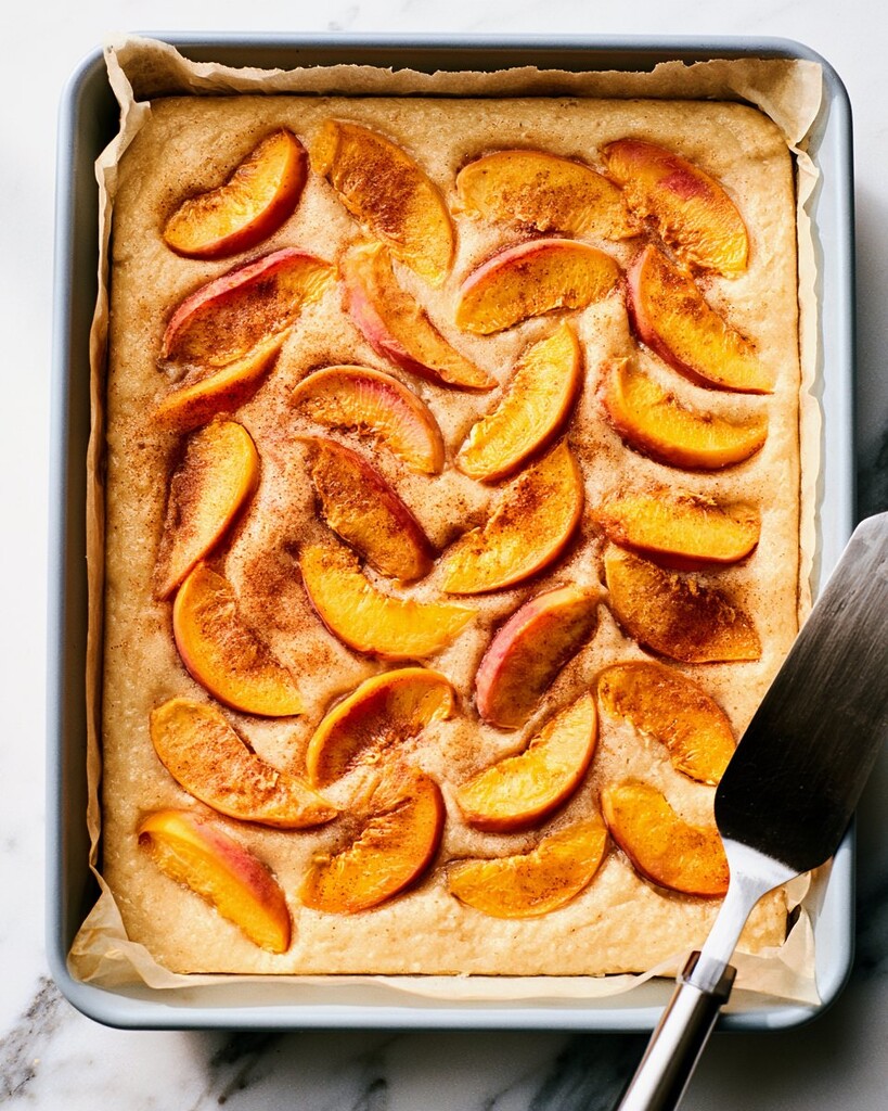 Sliced peaches arranged over a pre-baked almond flour base in a parchment-lined baking pan