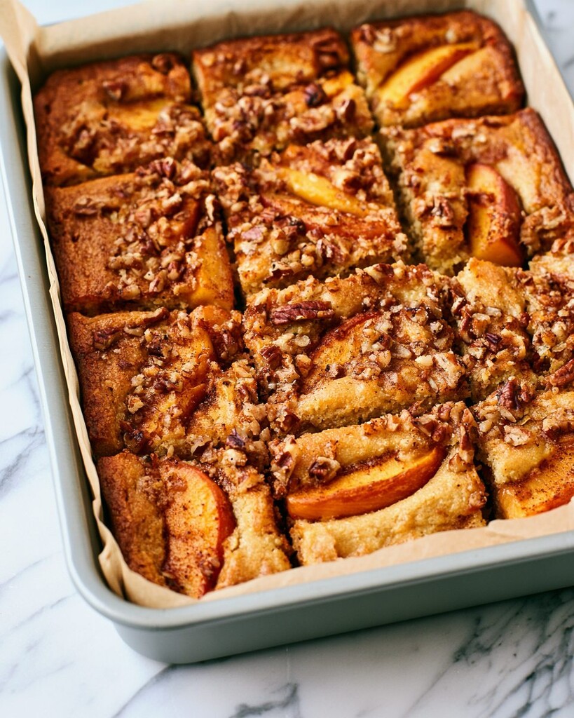 Sliced keto peach pecan cake bars resting inside a metal baking pan