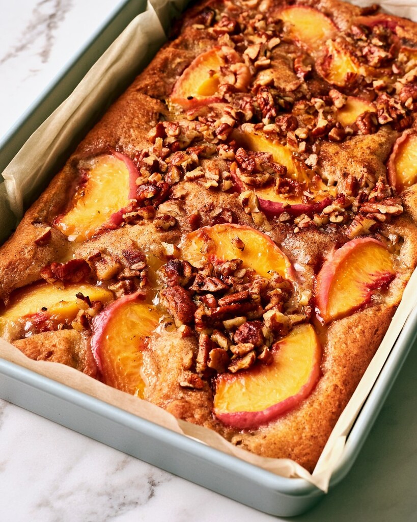 A fully baked keto peach pecan cake in a pan with golden toasted nuts on top