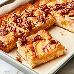 Keto Peach Pecan Cake Bars A single keto peach pecan cake bar showing a tender cake base topped with soft peaches and toasted pecans
