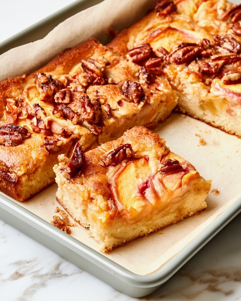 A single keto peach pecan cake bar showing a tender cake base topped with soft peaches and toasted pecans