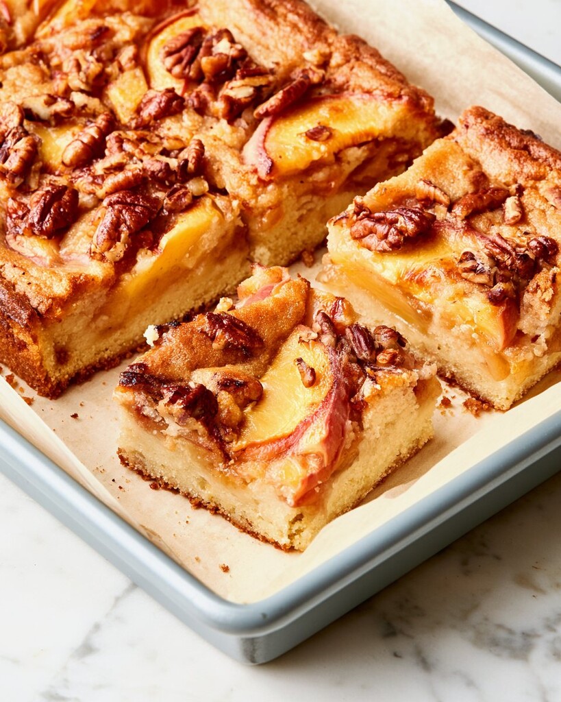 Thickly sliced squares of keto peach pecan cake showing a soft crumb and peach topping