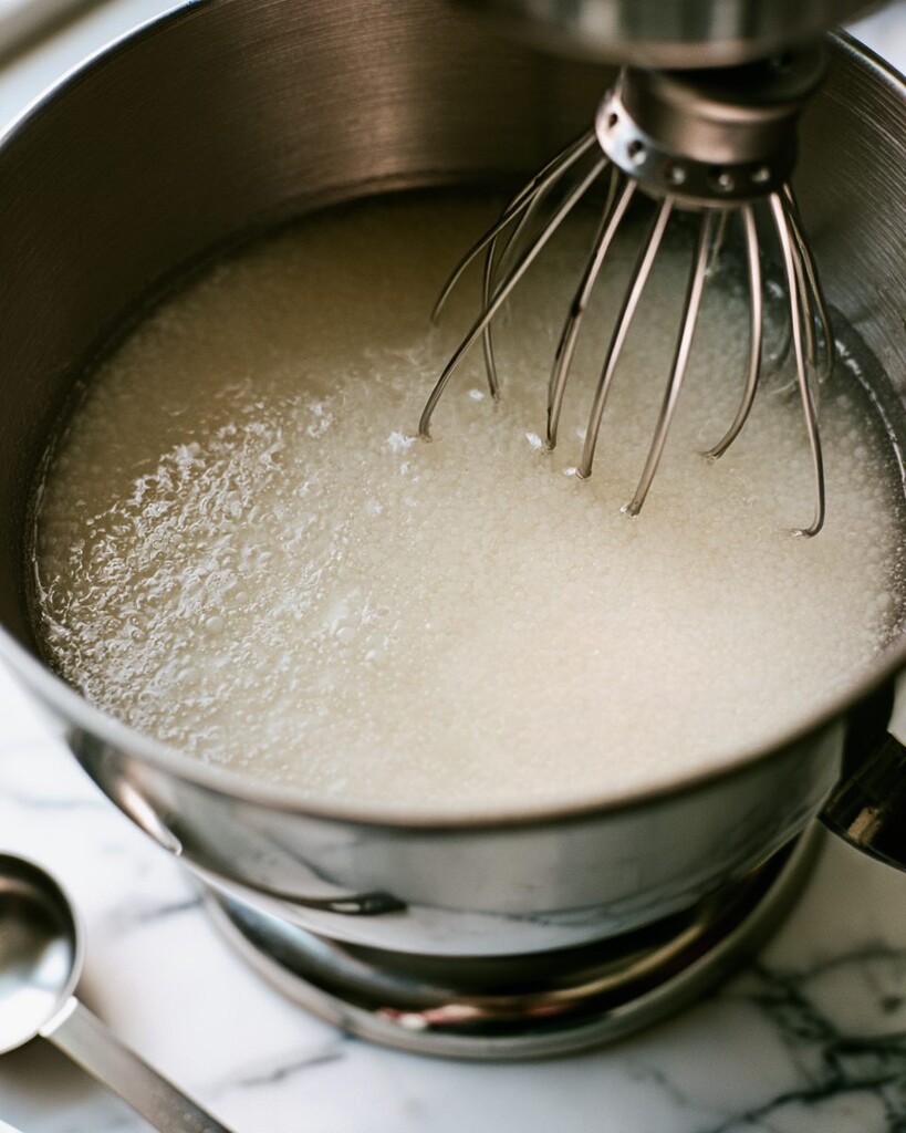 Unflavored gelatin powder and water blooming in a metal stand mixer bowl
