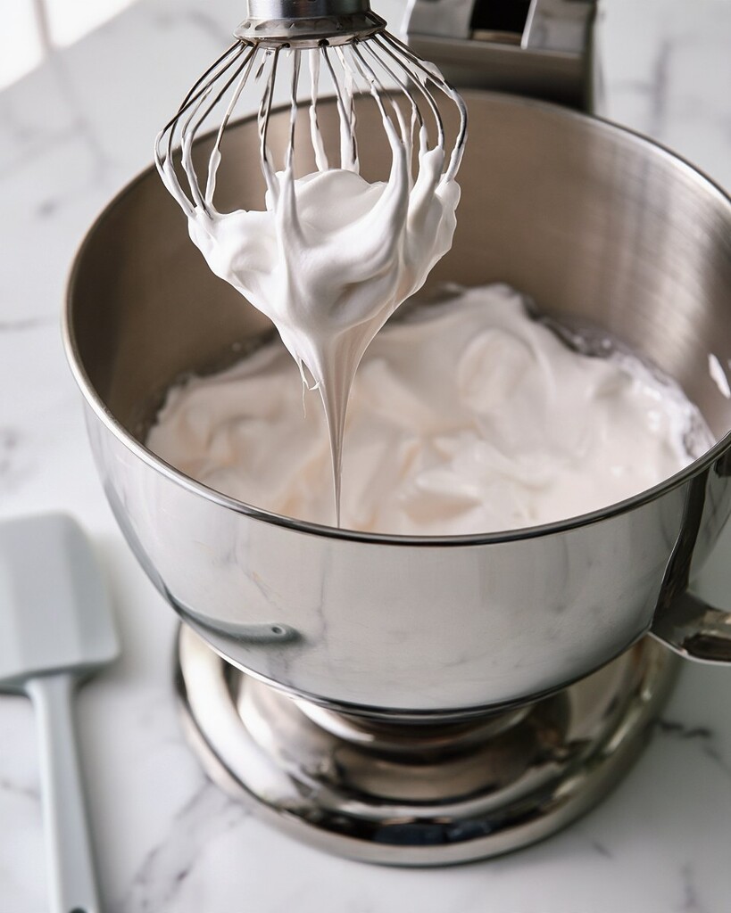 Glossy, bright white sugar-free marshmallow mixture holding dense peaks in a metal mixer bowl