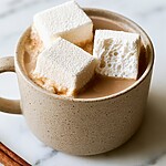Three thick cubes of sugar-free marshmallows resting on a light beverage in a speckled ceramic mug