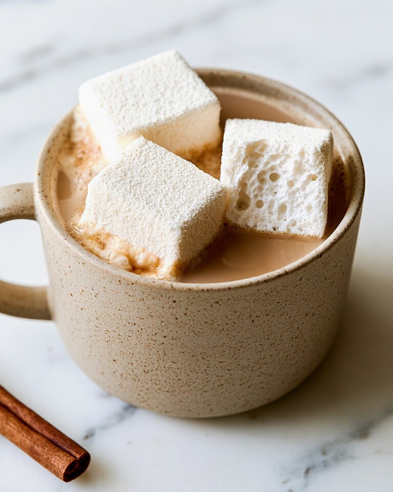 Café-Style Thick Sugar-Free Marshmallows Three thick cubes of sugar-free marshmallows resting on a light beverage in a speckled ceramic mug