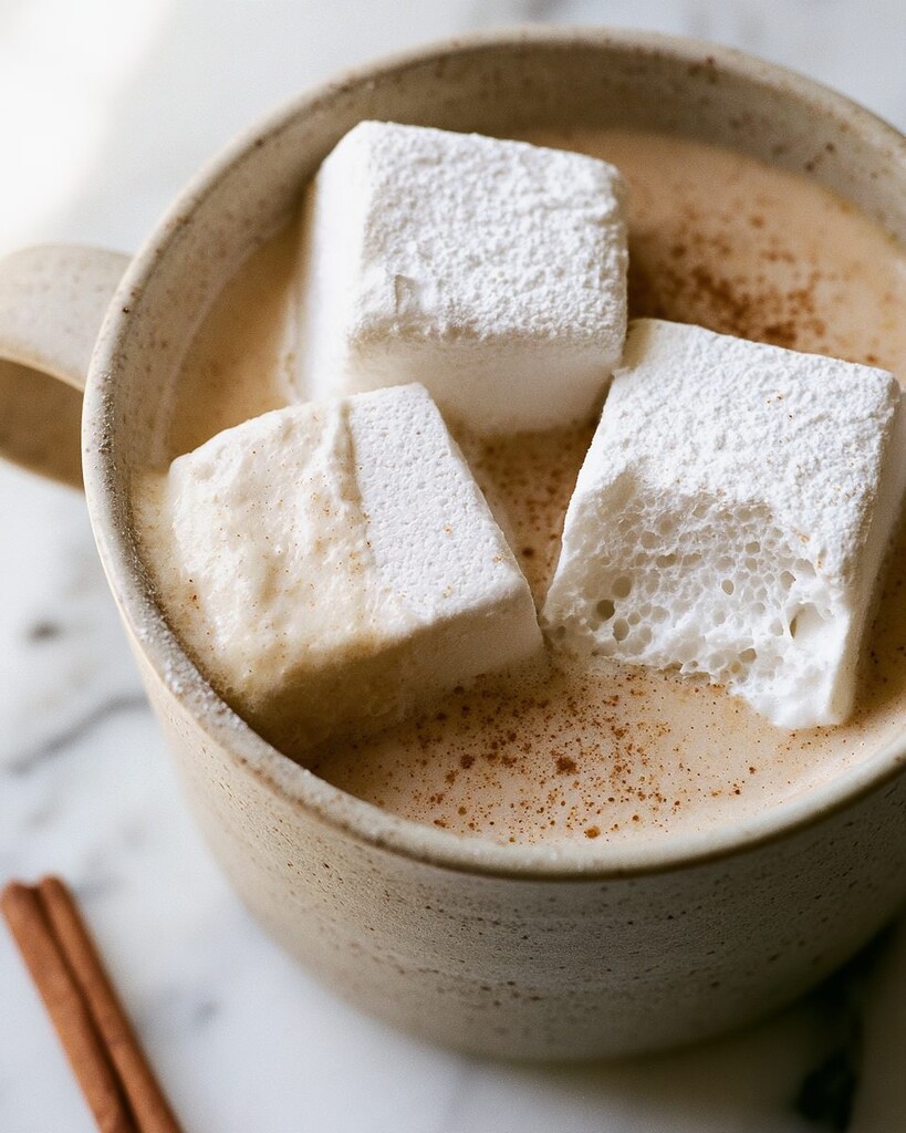 Thick sugar-free marshmallow cubes floating in a ceramic cup, with their bottom edges beginning to melt