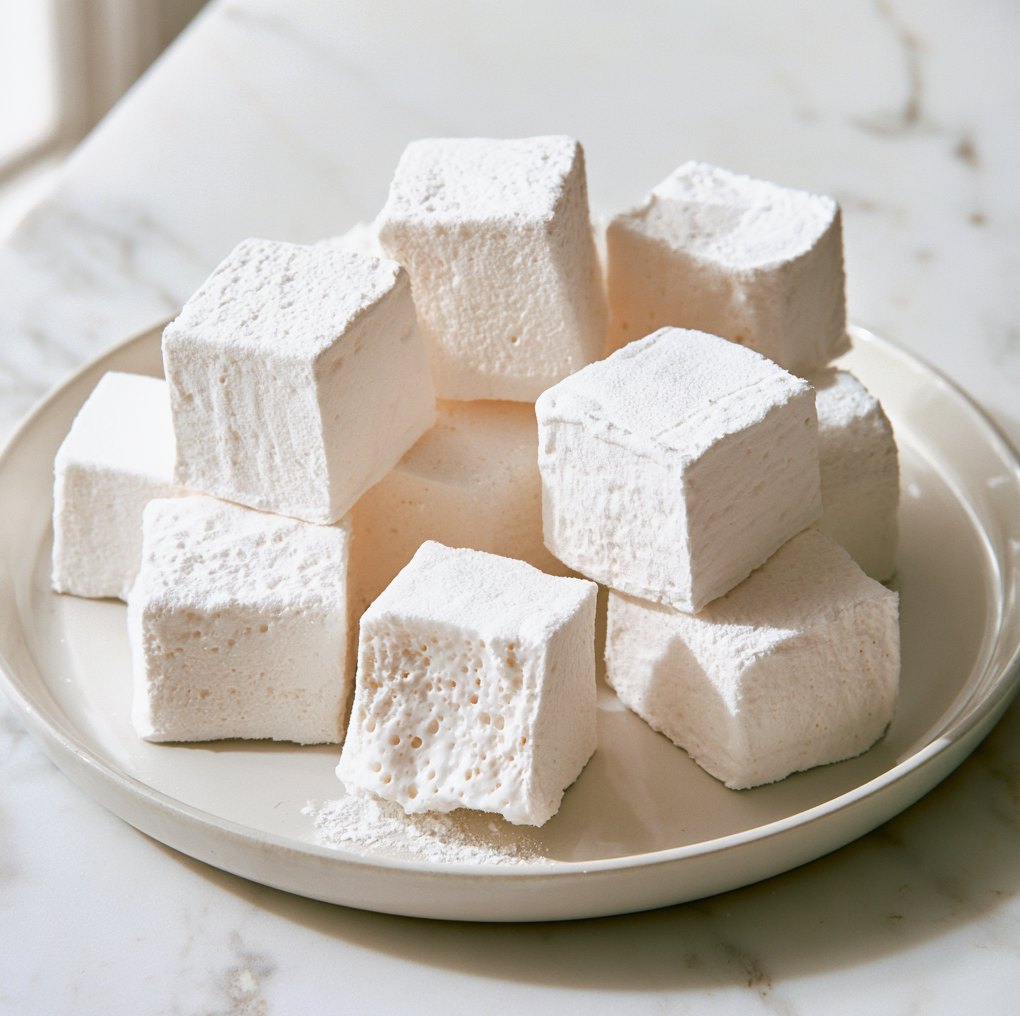 Freshly sliced thick marshmallow cubes tossed in powdered allulose on a light cutting board
