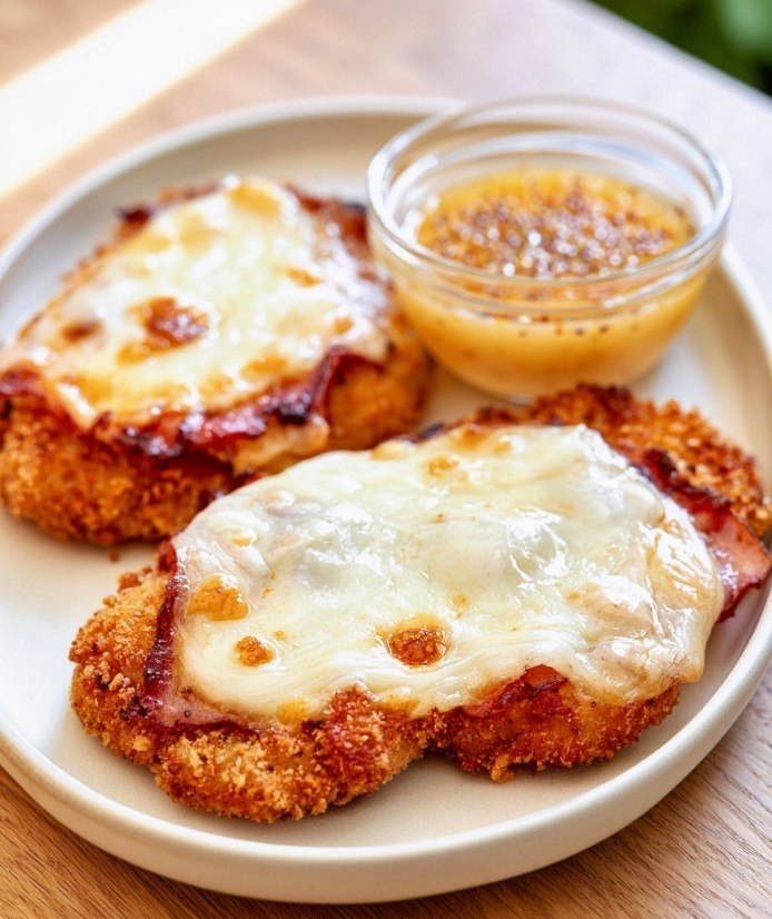 One-Pan Malibu Chicken with Hot Honey Mustard Golden breaded chicken breast topped with melted Swiss cheese and smoked ham on a white plate beside mustard sauce