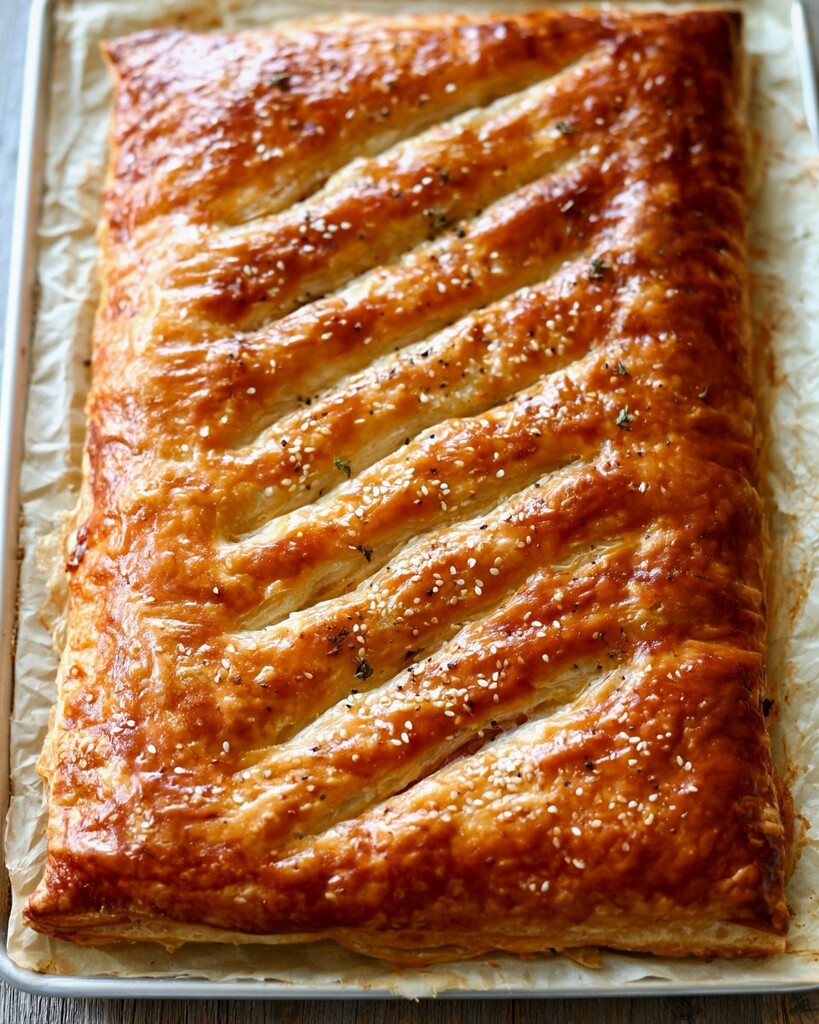 Golden brown baked puff pastry slab on a parchment-lined baking sheet.