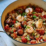 One-Pot Sausage and Shrimp Rice with Lemon Butter Skillet filled with spiced sliced sausage, pink shrimp, and fluffy white rice, garnished with green scallions