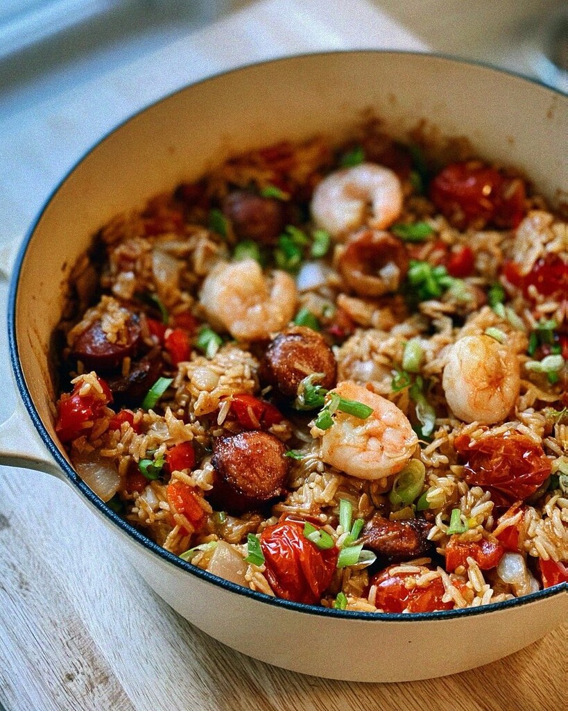 Skillet filled with spiced sliced sausage, pink shrimp, and fluffy white rice, garnished with green scallions