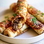 Cheesy Taco Sticks with Spiced Garlic Butter Golden brown cheesy taco sticks garnished with fresh cilantro on a white plate, showing melted cheese and beef filling at the ends.
