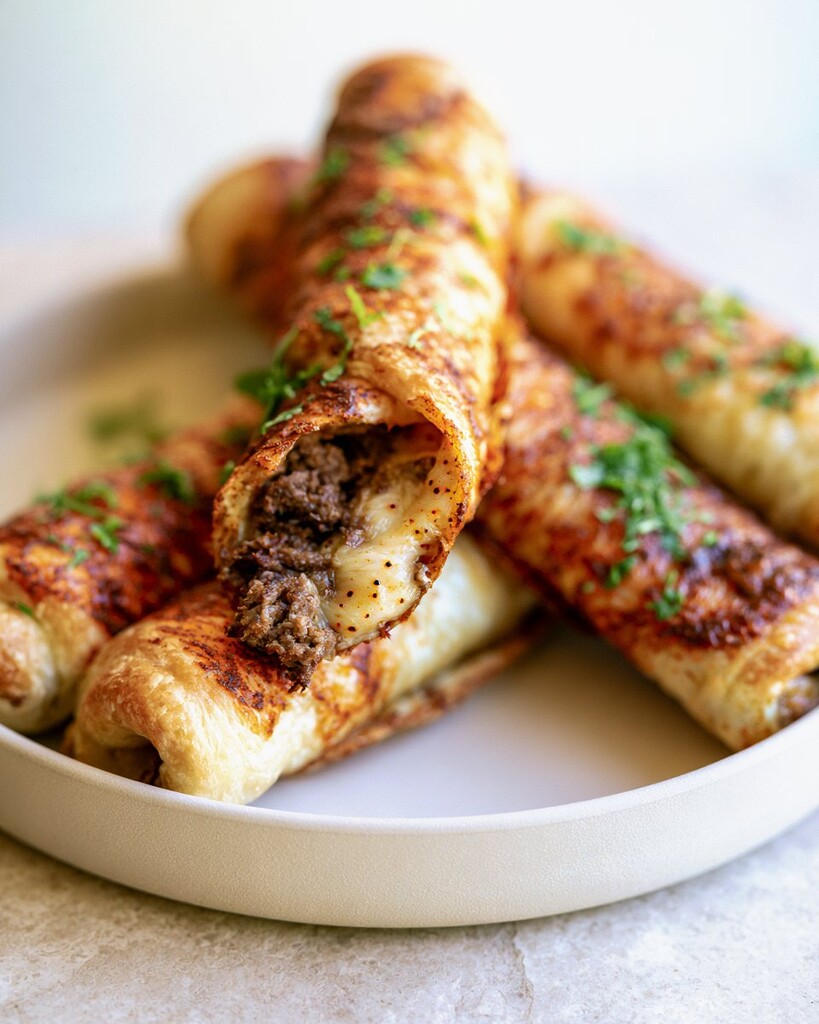 Golden brown cheesy taco sticks garnished with fresh cilantro on a white plate, showing melted cheese and beef filling at the ends.