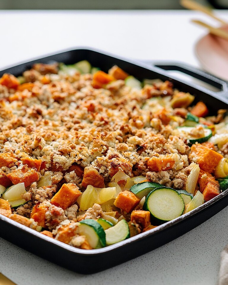 Ground Turkey and Sweet Potato Bake with Crispy Parmesan Cast iron skillet filled with ground turkey, sweet potatoes, and zucchini under a toasted parmesan panko crust