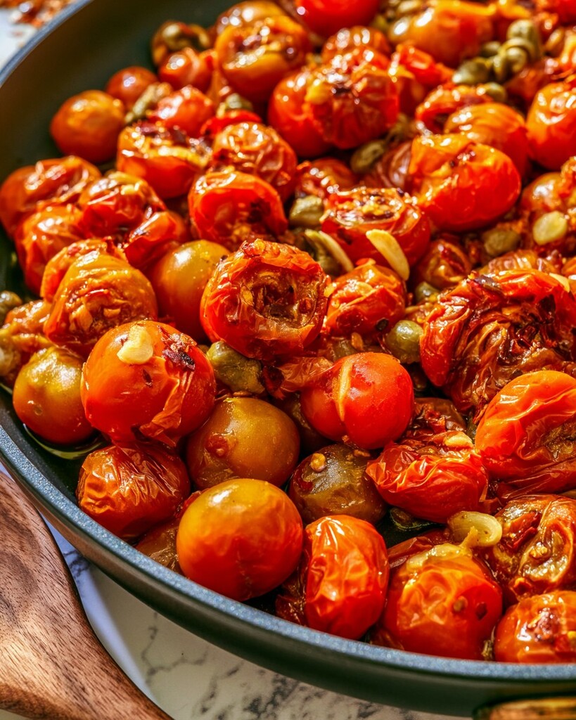 Glossy burst cherry tomatoes cooking with sliced garlic and capers in a skillet