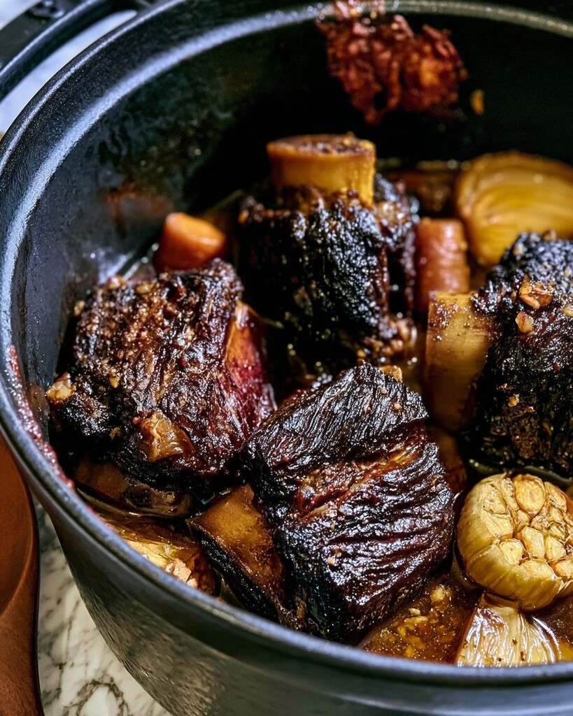 Dark, glossy bourbon-braised beef short ribs sitting among carrots, onions, and garlic in a Dutch oven.
