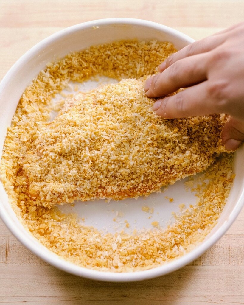 Chicken cutlets thoroughly coated in a coarse panko and Parmesan mixture sitting in a white dish