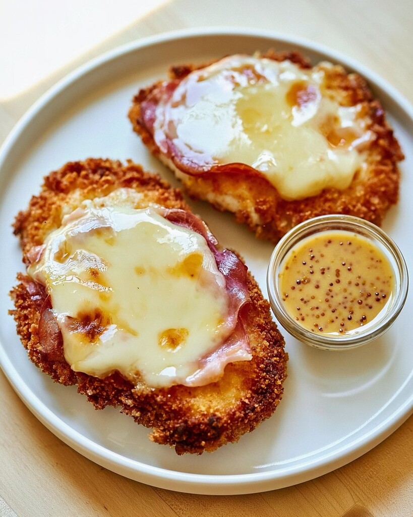 A crispy chicken breast topped with melted Swiss cheese and smoked meat sitting next to a dish of honey mustard sauce