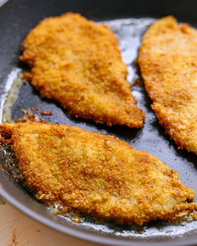 Breaded chicken cutlets frying in a hot black skillet until the edges turn golden brown