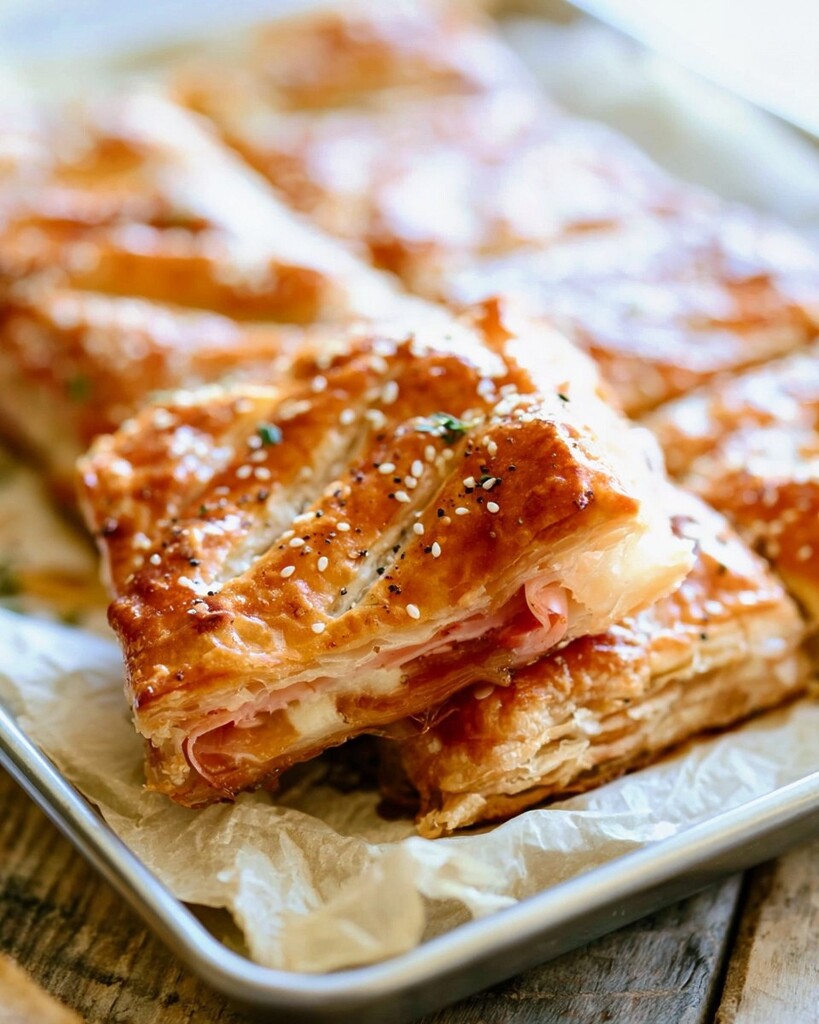 Baked puff pastry slab cut into squares inside a metal baking pan, revealing layers of ham and cheese.