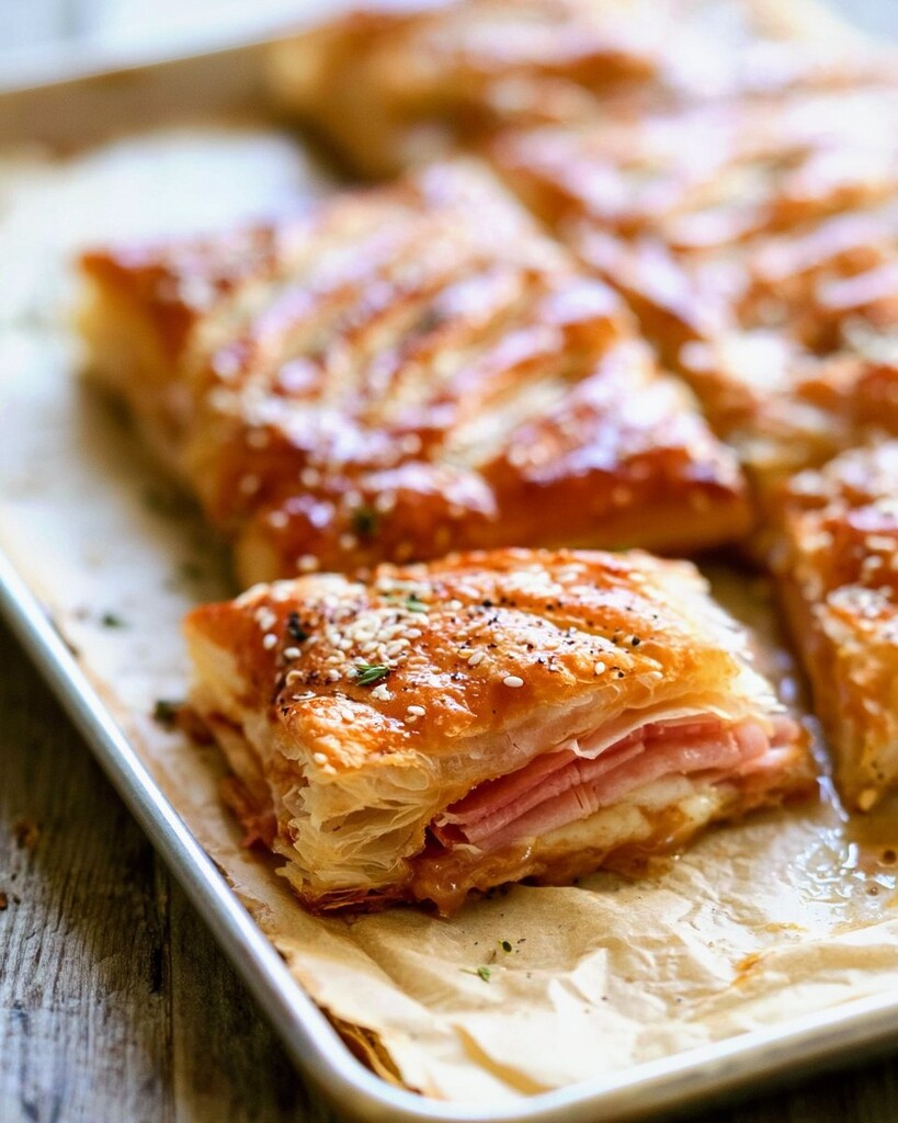 A single square of baked puff pastry showing distinct flaky layers and a warm ham and cheese center.