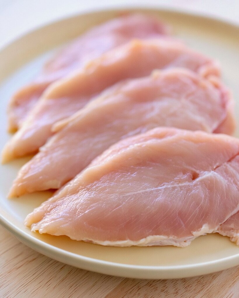 Thinly sliced raw chicken breasts arranged on a white plate