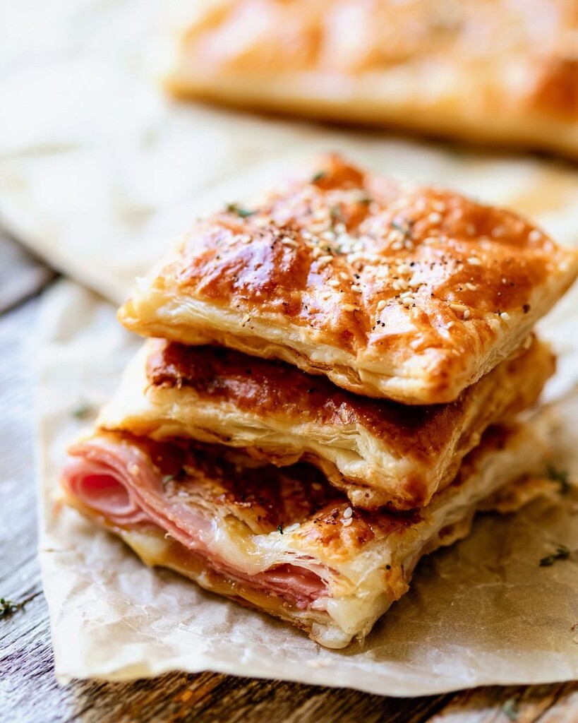 Several squares of baked ham and cheese puff pastry stacked on a piece of parchment paper.