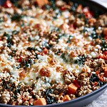 Cast iron skillet filled with sweet potatoes, ground turkey, and melted pepper jack cheese