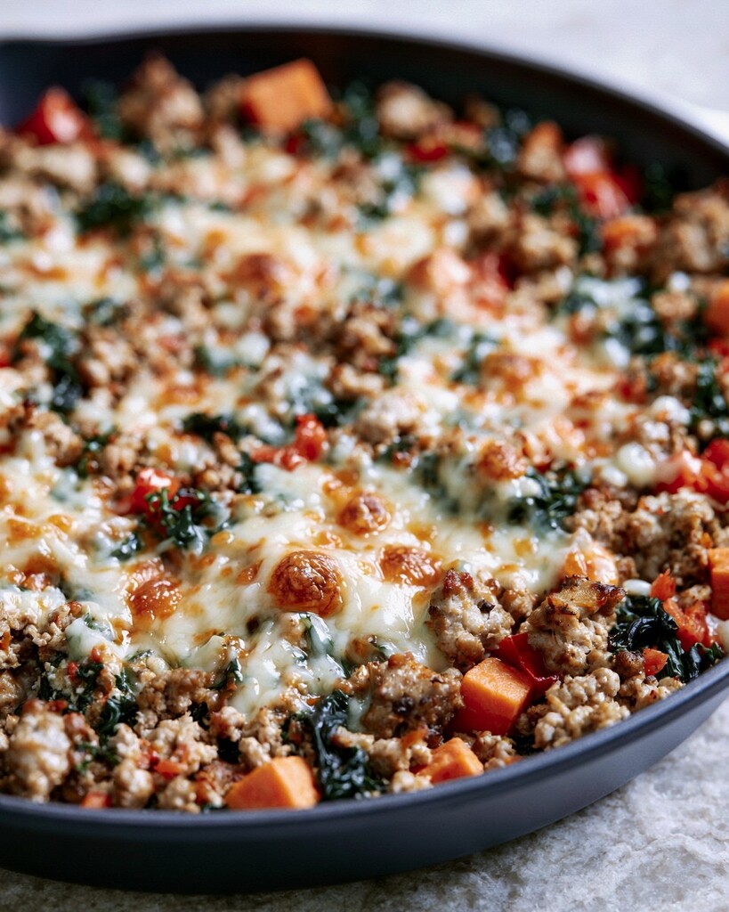 Cast iron skillet filled with sweet potatoes, ground turkey, and melted pepper jack cheese