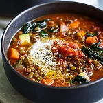 Italian Lentil Soup with Parmesan Broth Italian lentil soup served in a black bowl and garnished with grated cheese and drops of oil