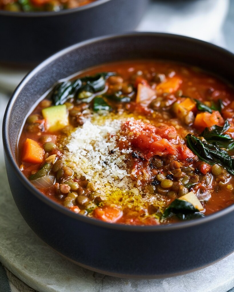Italian lentil soup served in a black bowl and garnished with grated cheese and drops of oil