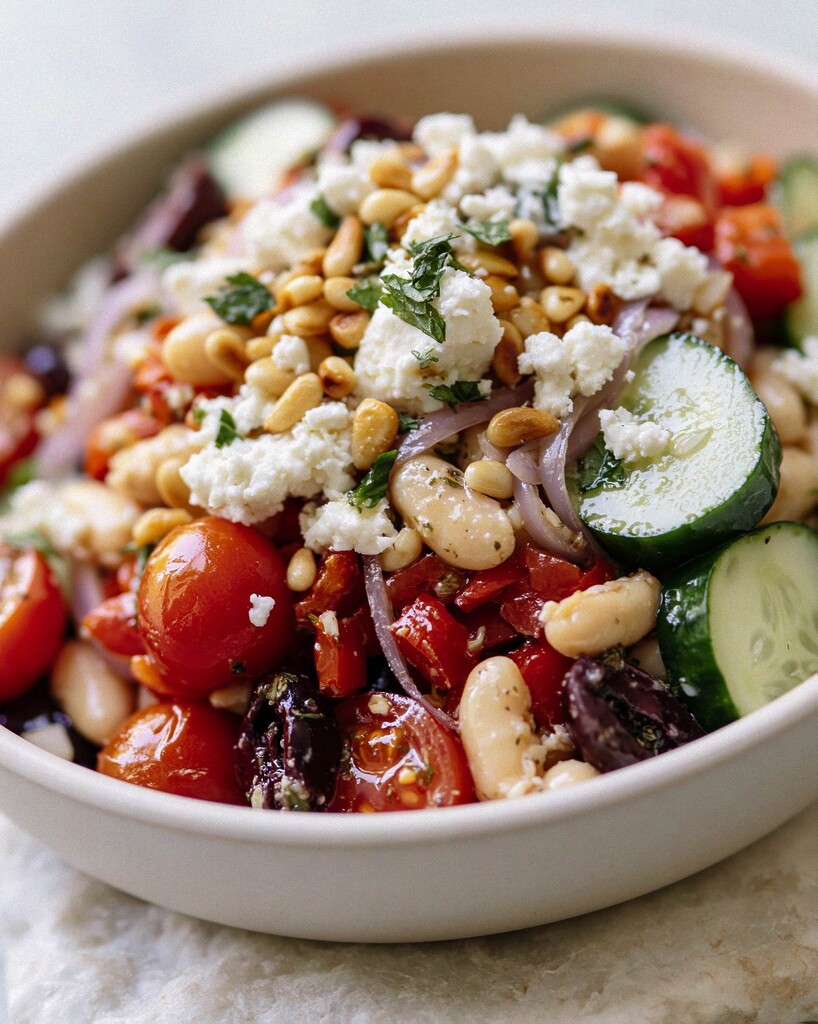 Finished Greek white bean salad served in a ceramic bowl with crumbled feta and pine nuts