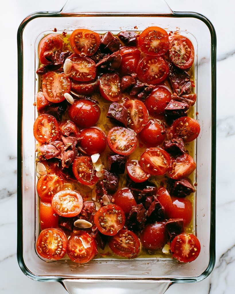 Halved cherry tomatoes, chopped Kalamata olives, and sliced garlic mixed with olive oil and oregano in a glass baking dish