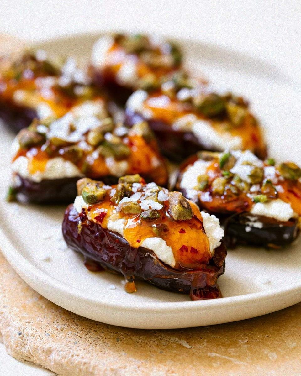 Hot honey and pistachio ricotta stuffed dates arranged on a white serving dish