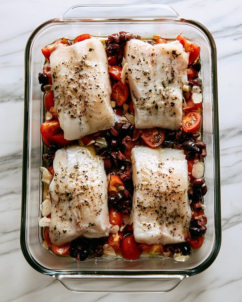 Four seasoned raw white fish fillets resting on top of a tomato and olive mixture inside a glass baking dish