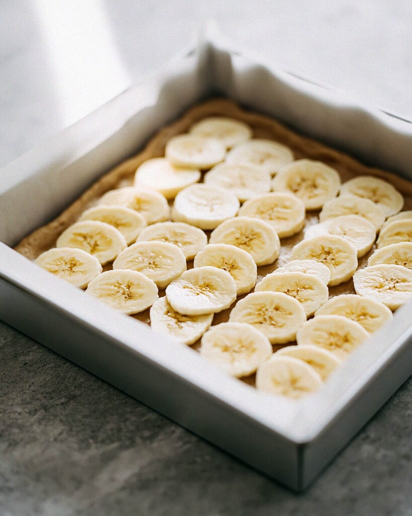 Sliced fresh bananas arranged in an even layer over a baked blondie crust