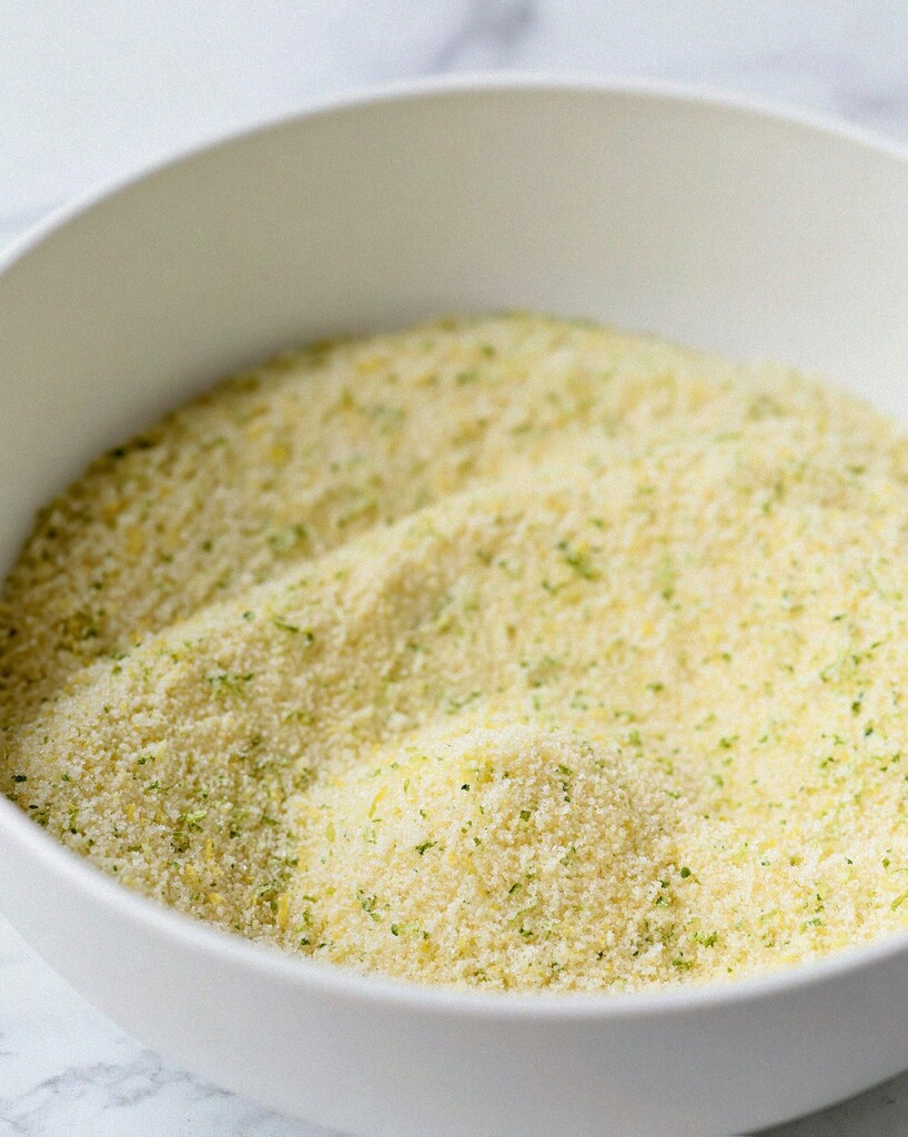 Pale yellow lemon sugar mixed with fresh zest in a glass bowl