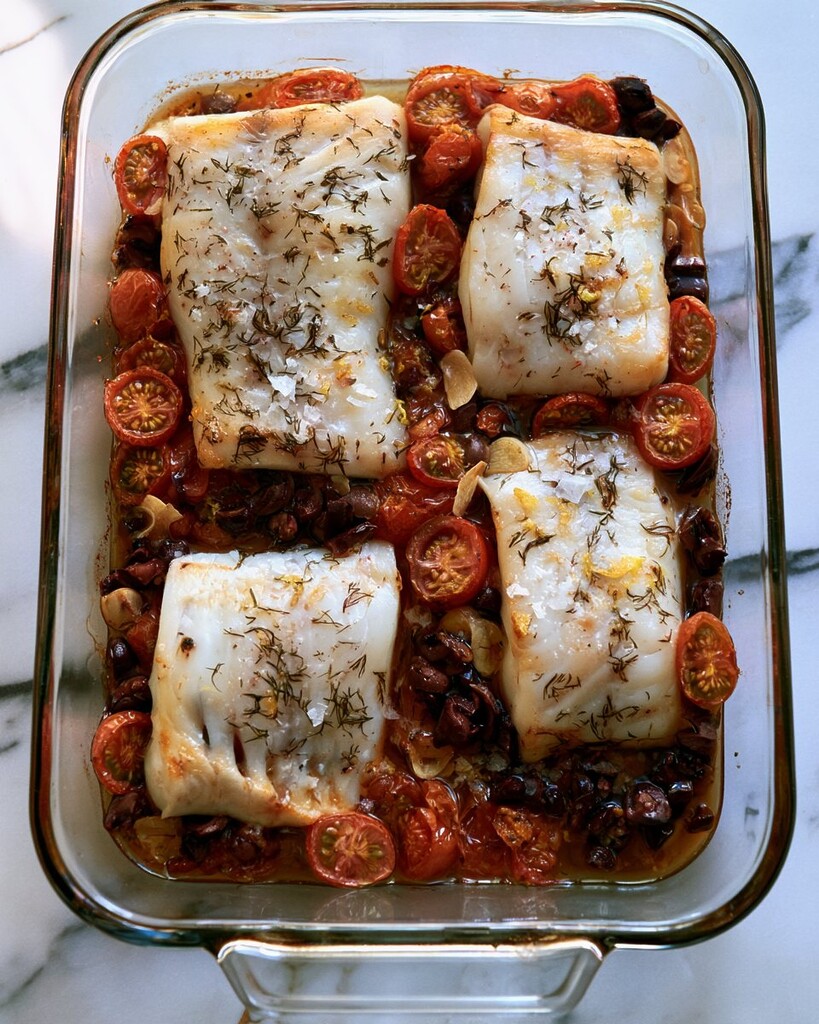 Fully baked white fish in a glass baking dish, topped with fresh dill and lemon zest, surrounded by soft tomatoes and olives