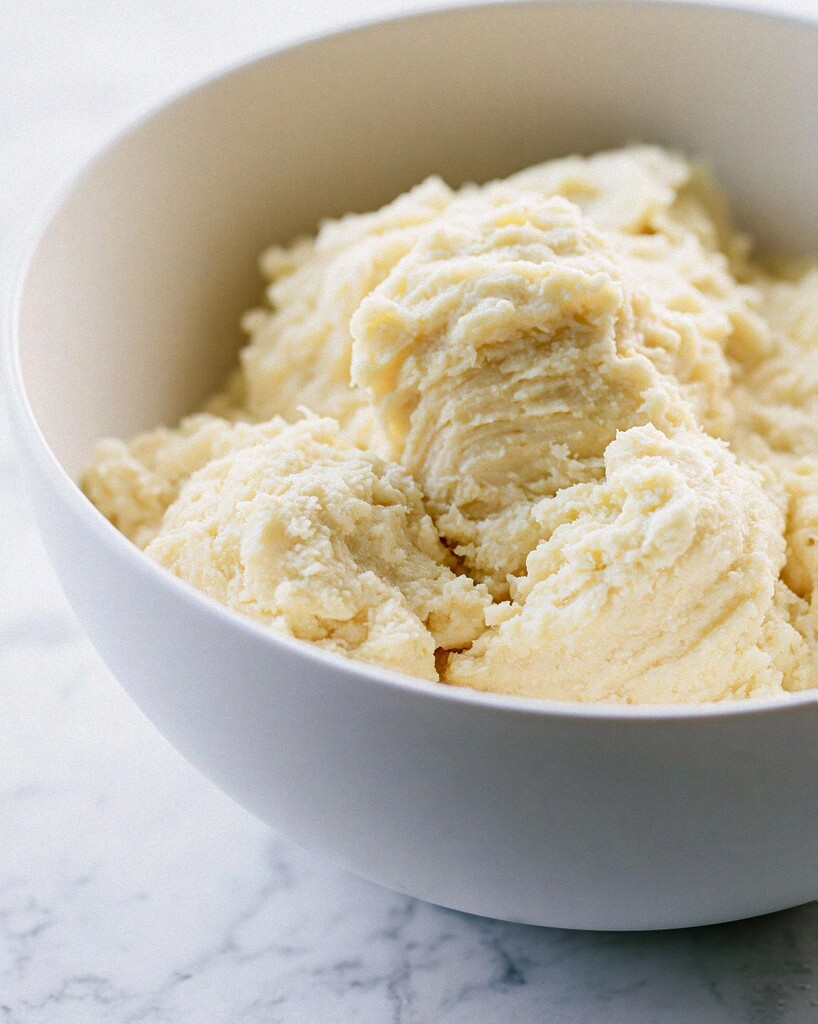 Thick creamy lemon meltaway cookie dough in a white mixing bowl