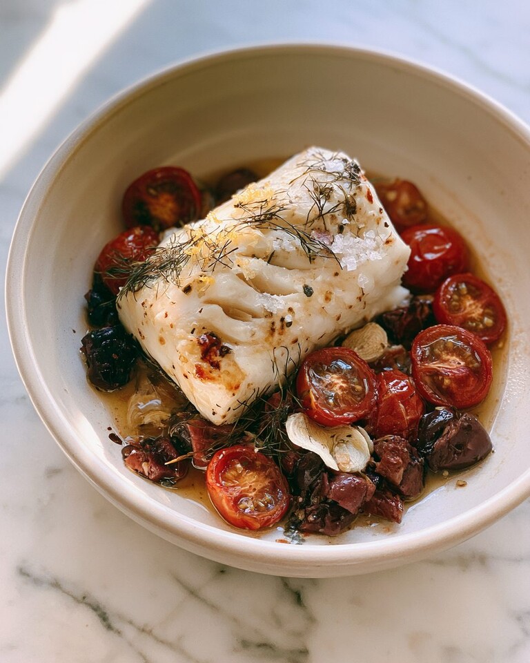 15-Minute Mediterranean Baked White Fish in One Pan A tender portion of baked white fish resting in a ceramic bowl, surrounded by blistered cherry tomatoes, Kalamata olives, and fresh dill