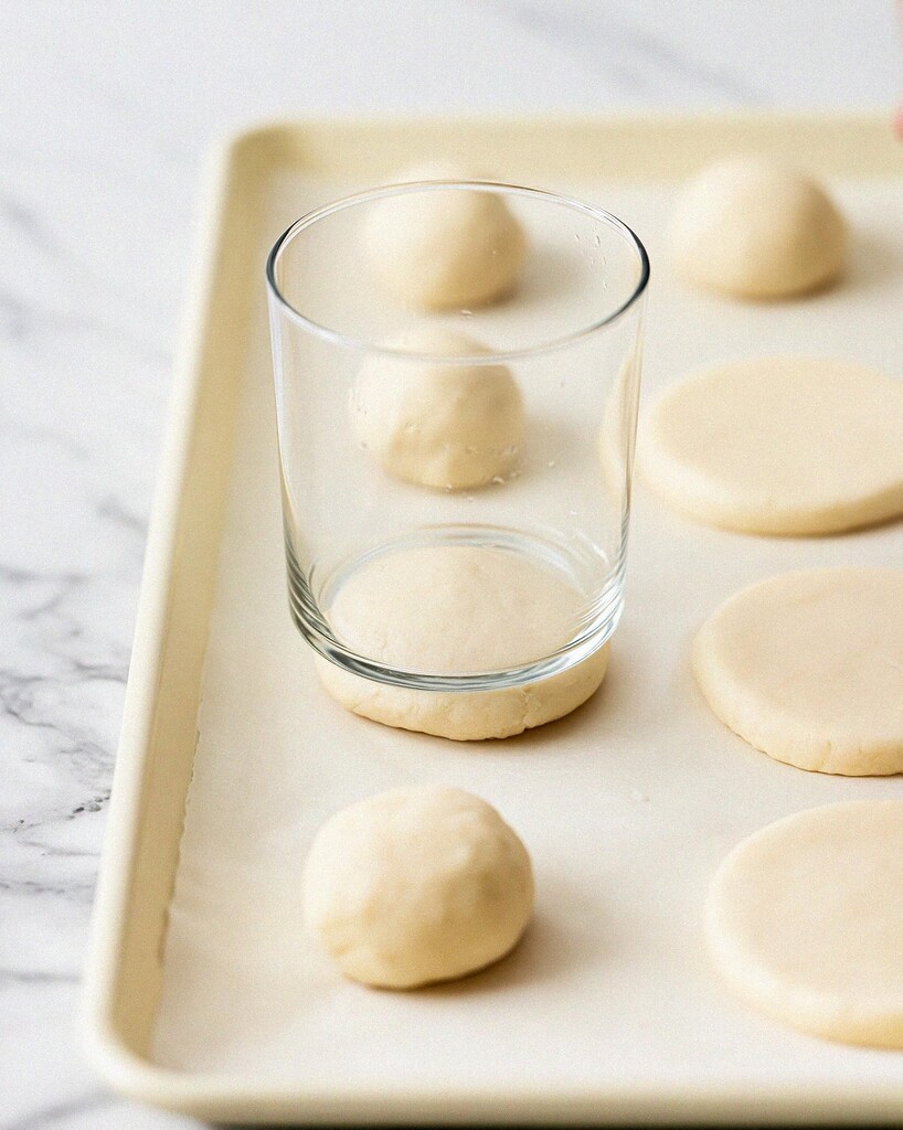 Pressing round cookie dough balls flat with the bottom of a glass