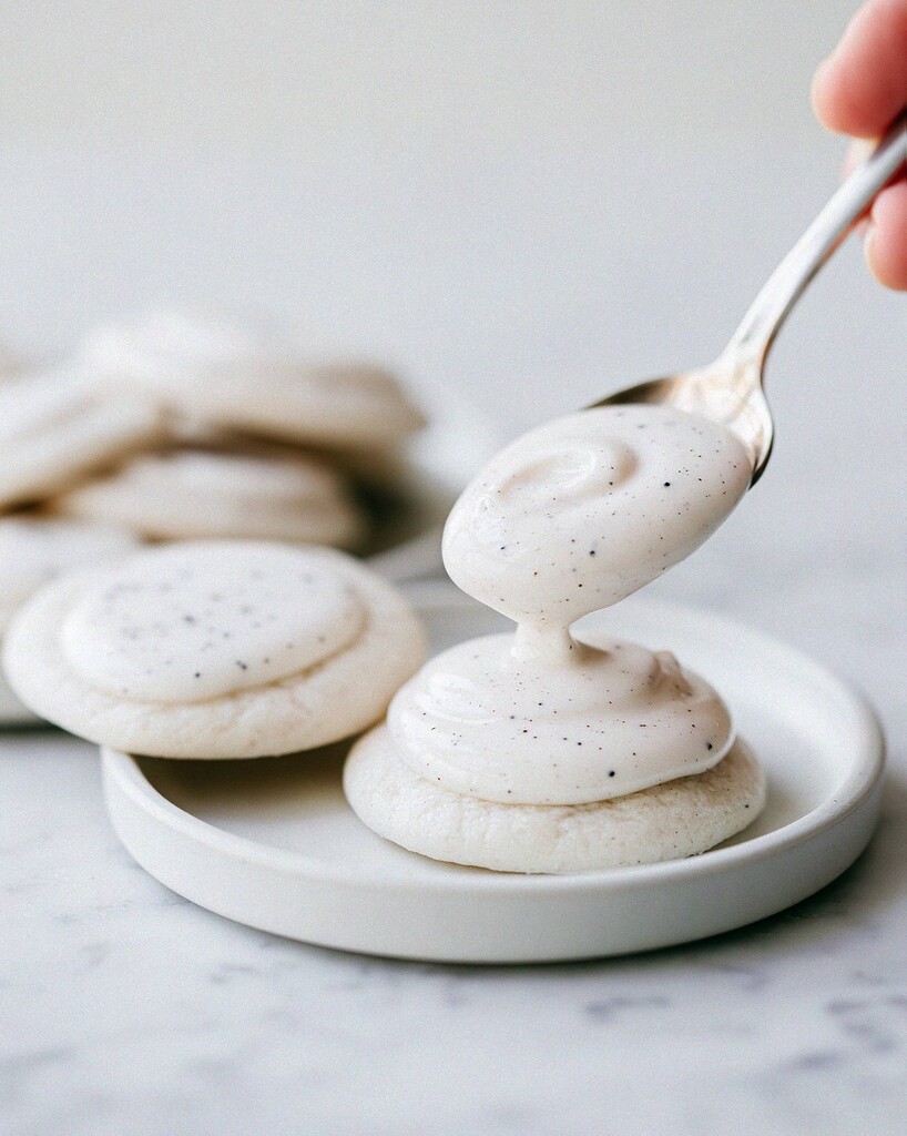 Spooning white speckled vanilla glaze over baked lemon cookies