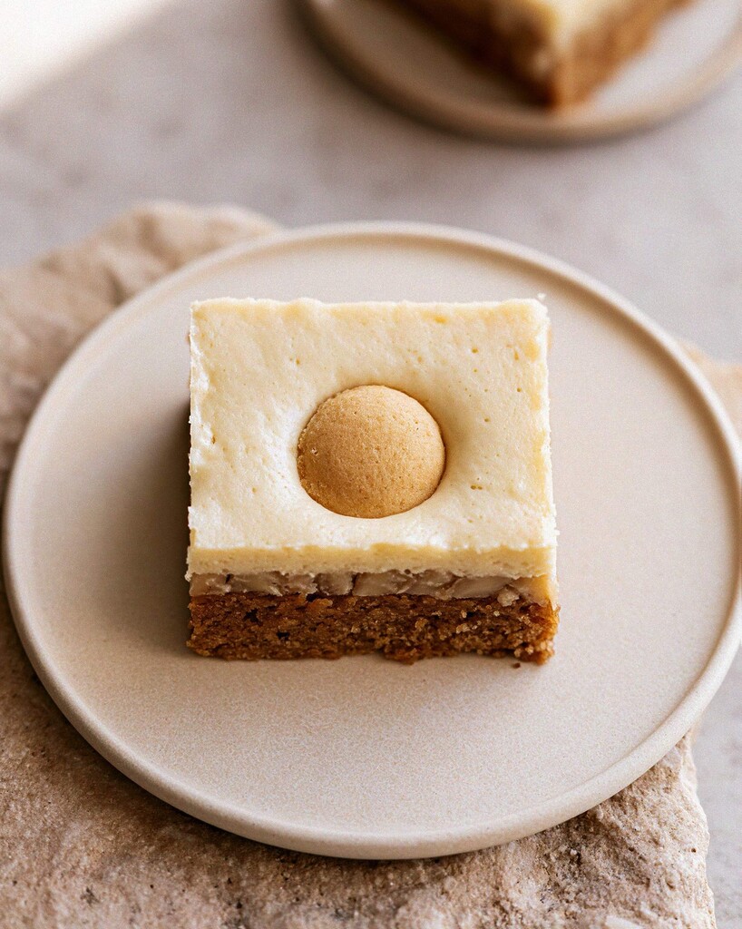 Finished banana pudding blondie bar topped with a single vanilla wafer