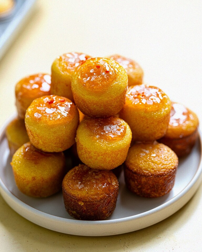 Hot Honey-Glazed Mini Cornbread Bites Golden mini cornbread bites stacked on a white plate, topped with a shiny glaze and coarse salt