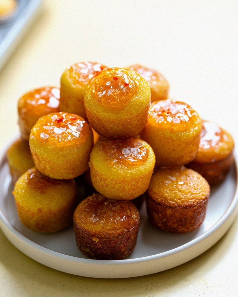 Golden mini cornbread bites stacked on a white plate, topped with a shiny glaze and coarse salt