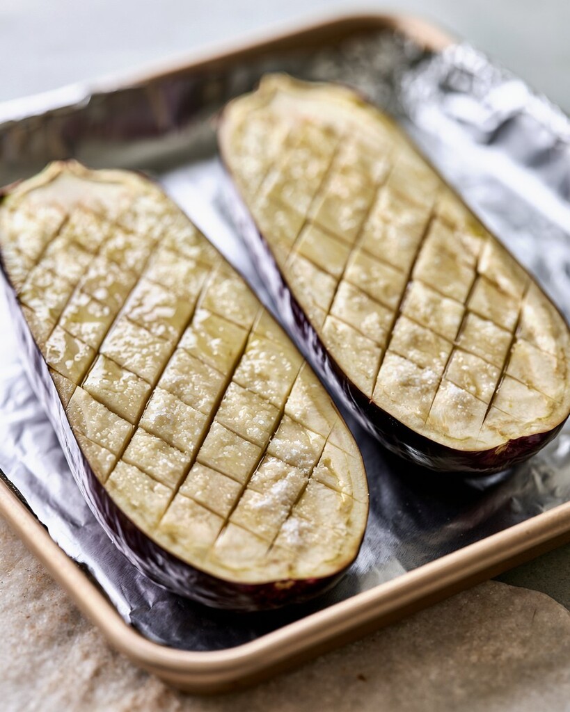 Raw eggplant halves scored in a crosshatch pattern on a foil-lined baking sheet