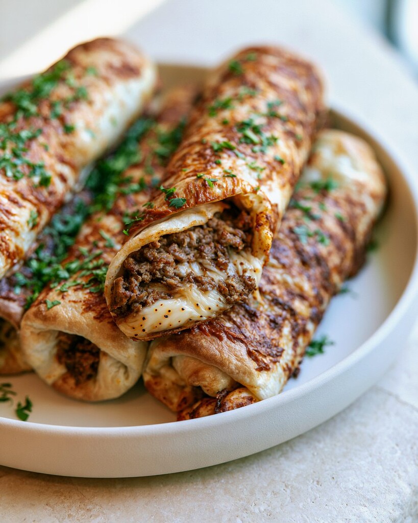 A stack of baked golden brown taco sticks on a light plate, showing browned edges and melted cheese.