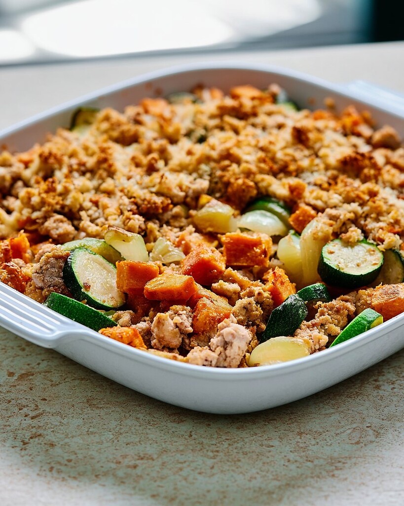 Ground turkey and sweet potato bake finished with a golden panko crust in a white ceramic baking dish