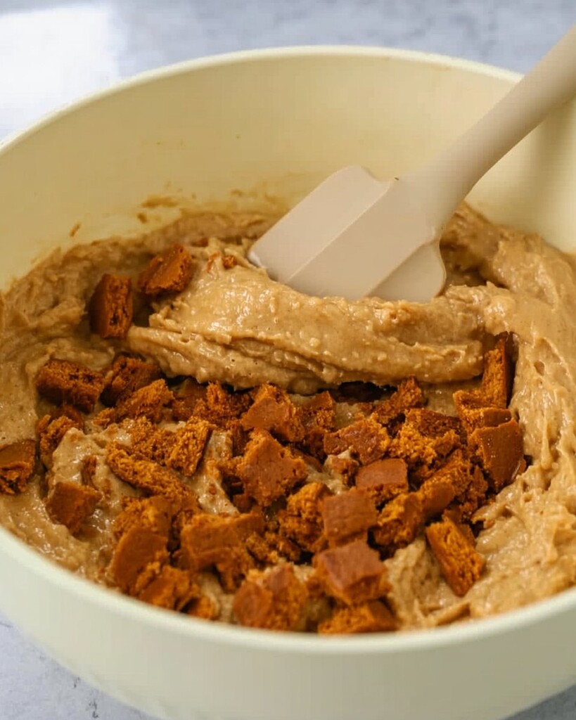 Folding chopped Biscoff cookies into thick brown cake batter with a silicone spatula